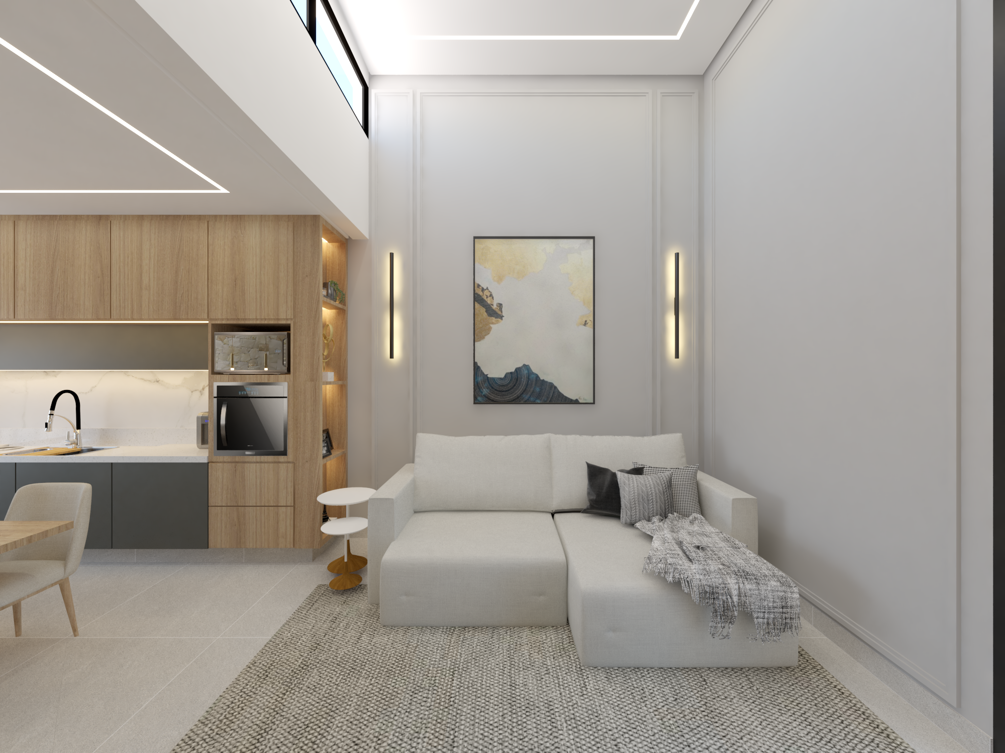 Ambiente integrado de sala e jantar em projeto residencial Âmbar