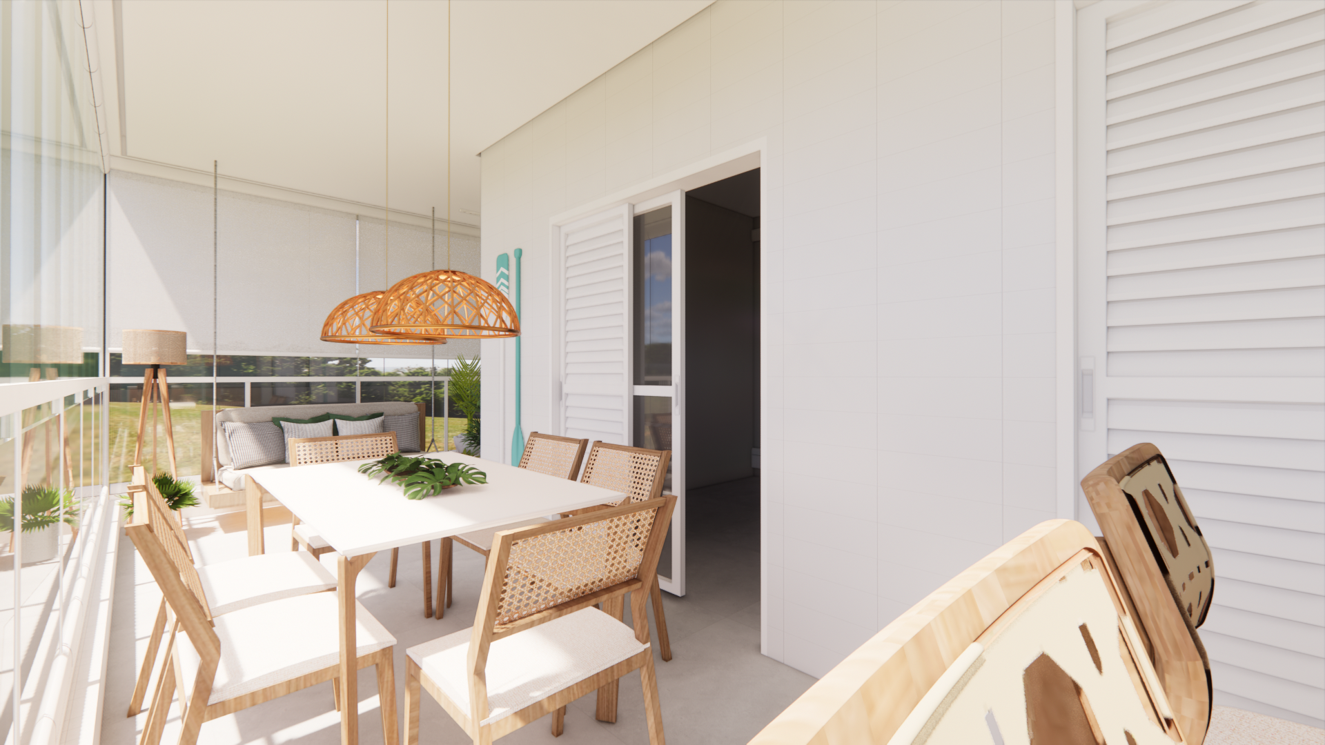 Varanda gourmet com mesa de jantar, cadeiras de palhinha, balanço e pendentes de fibra natural