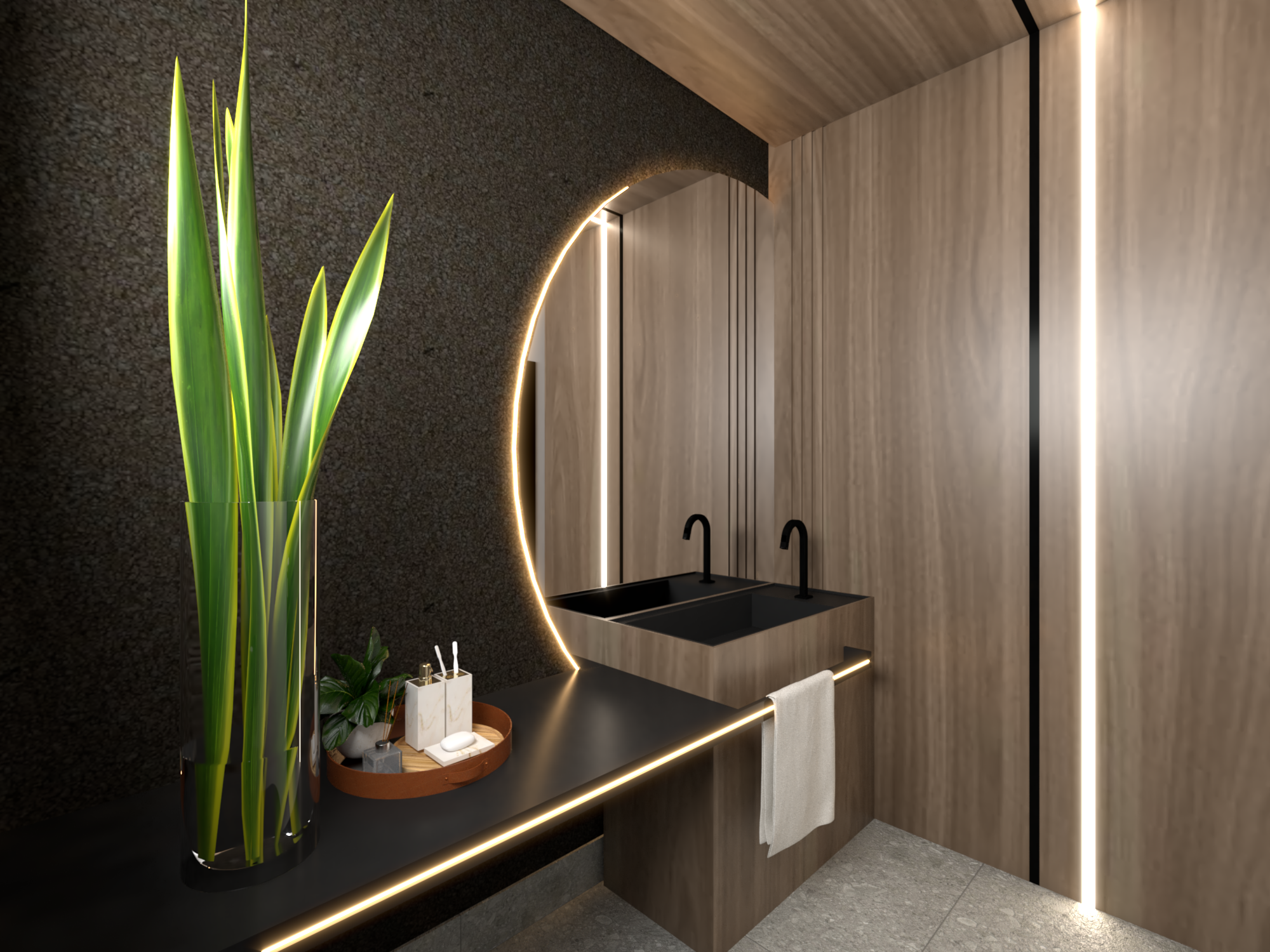 Lavabo sofisticado com espelho iluminado e marcenaria sob medida